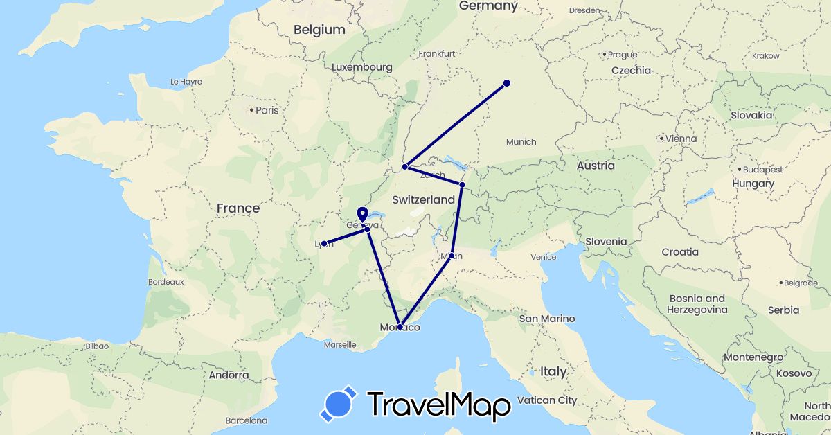 TravelMap itinerary: driving in Switzerland, Germany, France, Italy, Liechtenstein, Monaco (Europe)